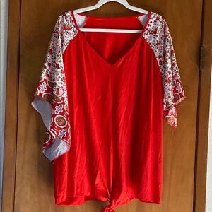 Red Tie Front Blouse with White Short Sleeves